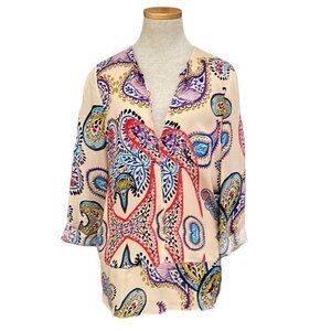 Rory Beca Silk Tunic Top Shirt V Neck Long Sleeve Beige Red Blue Size Small S
